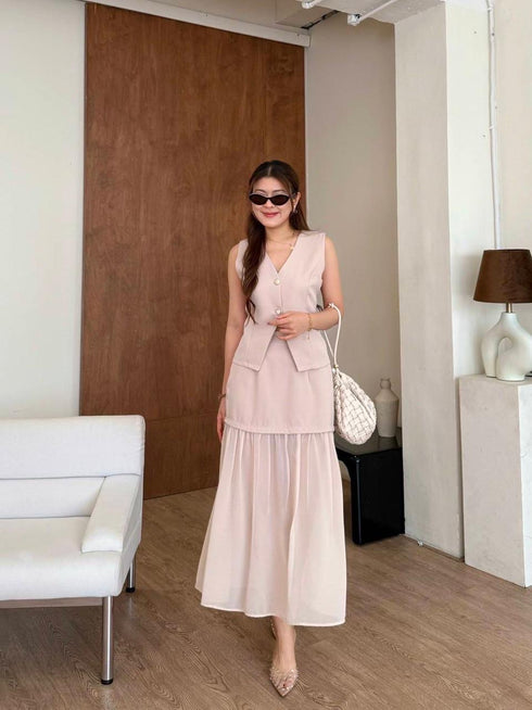 V-neck Sleeveless Blouse With Skirts Sets